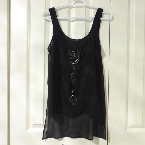GUESS black semi-sheer high-low embellished beaded top - Picture 1 of 9
